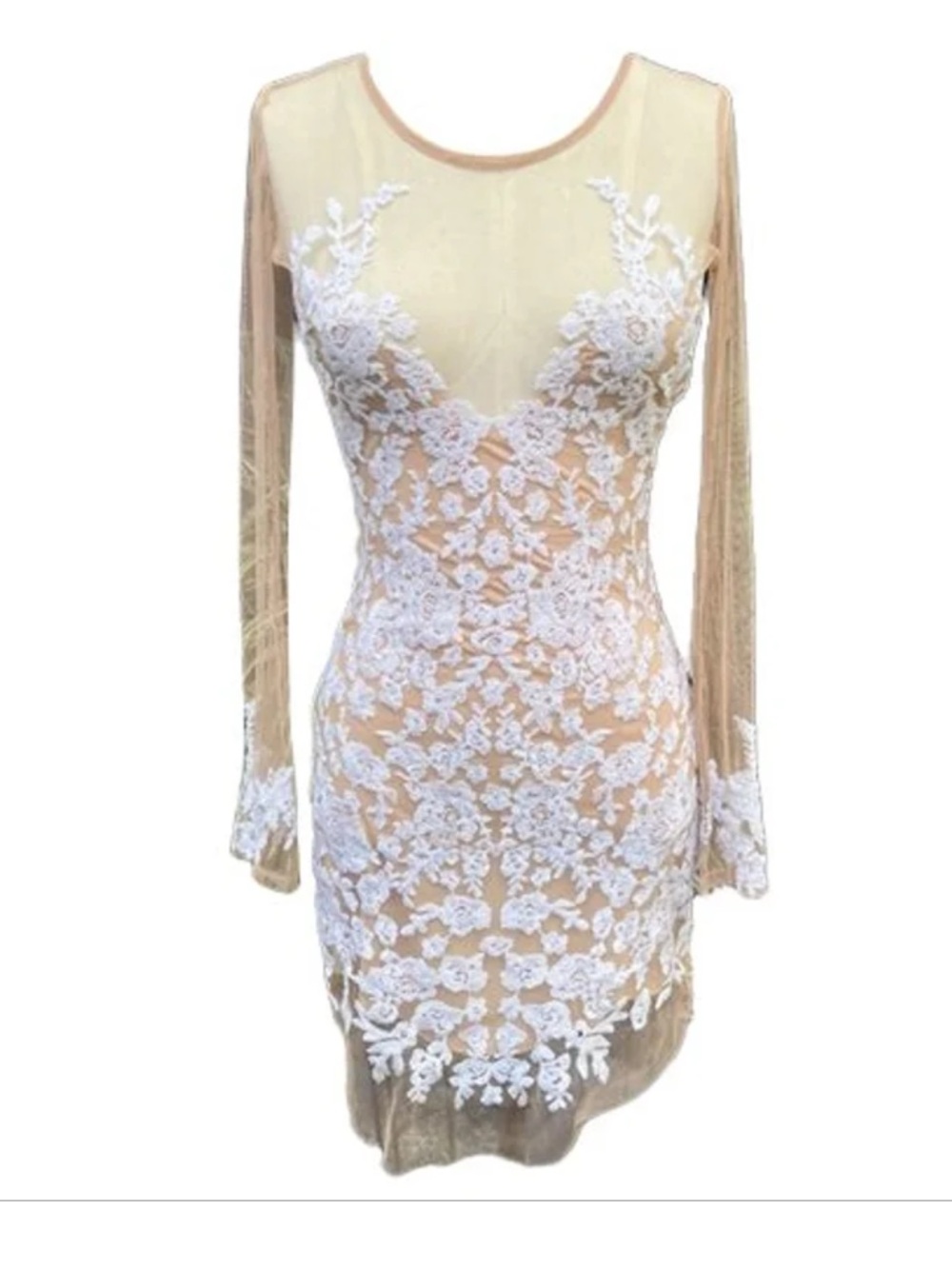 For Love & Lemons Nude Sheer Lace Appliqué Long Sleeve Dress